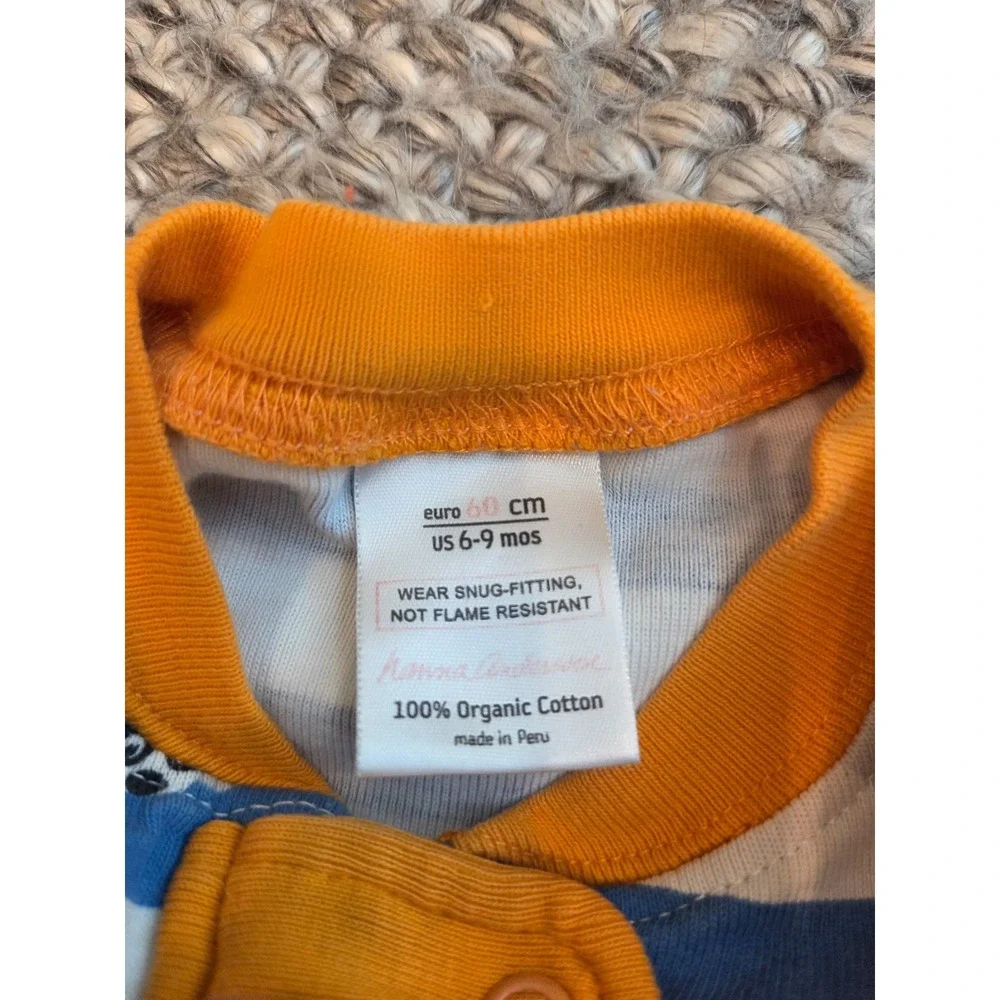Hanna Andersson Raccoon Striped Blue Orange One Piece Sleeper Pajamas 60 US 6-9m